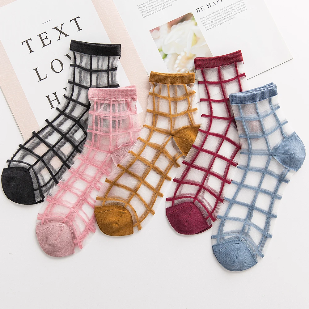 New Summer Women's Socks Transparent Field Grid Casual Breathable Middle Sleeve Casual Sports Girls Comfortable Fashion Socks