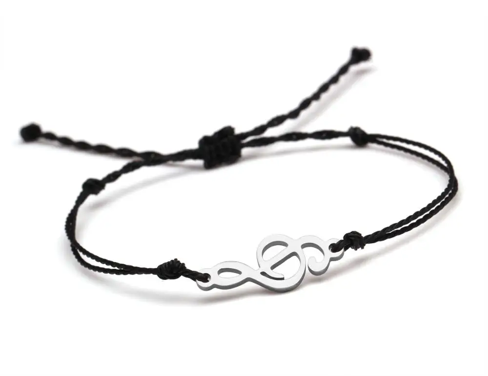 Pretty Cute Stainless Steel Musical Notation Charm Bracelet Women Female Grey Black Beige Wax Coated String Handcrafted Jewelry