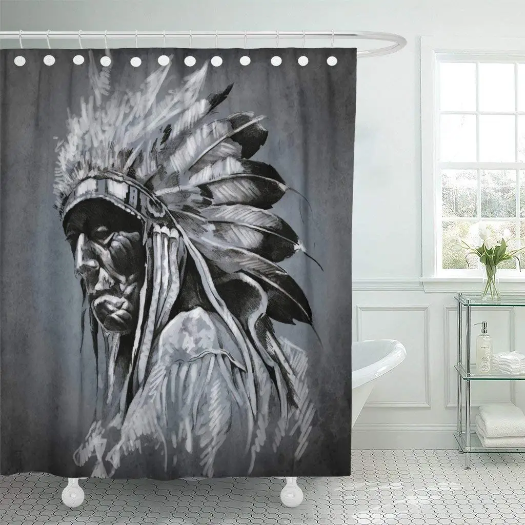 Red Tattoo Portrait of Indian Head Over Dark Shower Curtain Waterproof Polyester Fabric 60 x 72 Inches Set with Hooks