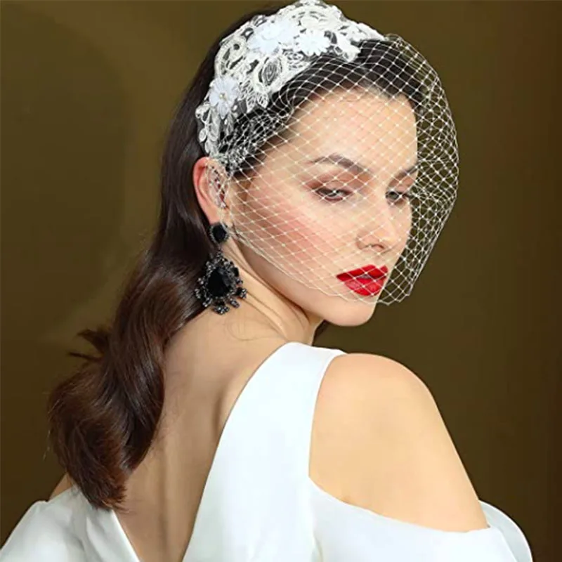 ผ้าคลุมหน้าสีขาวสำหรับ Face Applique เจ้าสาว Rhinestone Birdcage Veil แต่งงานที่มีเสน่ห์ Veil Headband Veils สำหรับเจ้าสาว Fascinator