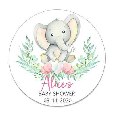 Baby Shower okrągłe naklejki słoń spersonalizowane dostosuj nazwę data tekst spersonalizowane naklejki Favor naklejki Baby Shower