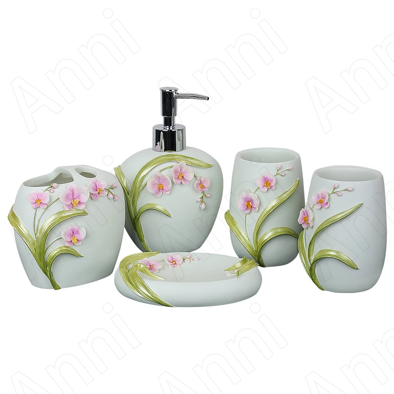 Creative Orchid Resin Bathroom Accessories Chinese Modern Household Toothbrush Cup Five Piece Set Shower Accessories Home Decor