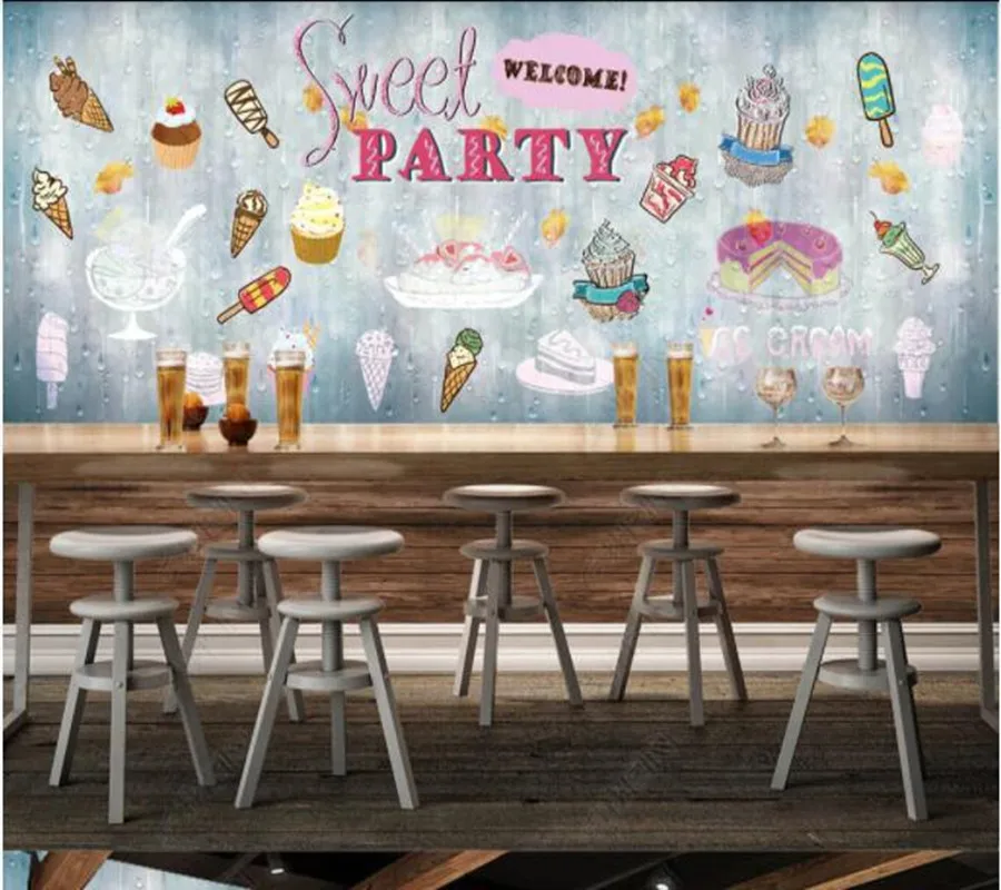 

Papel de parede cement wall hand-painted afternoon tea cold drink cake shop 3d wallpaper,beer house kitchen mural