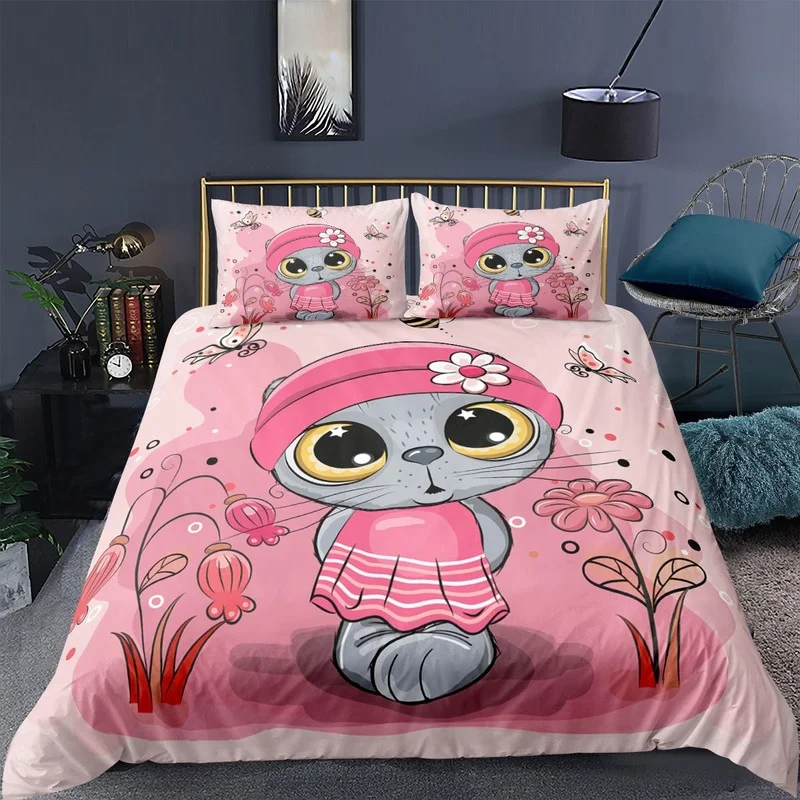 Cartoon Pink Bedding Set 3d Cute Cat Duvet Cover Pillowcase Kids Girls Baby Bedroom Decor 2/3pcs Quilt King Queen Full Twin Size