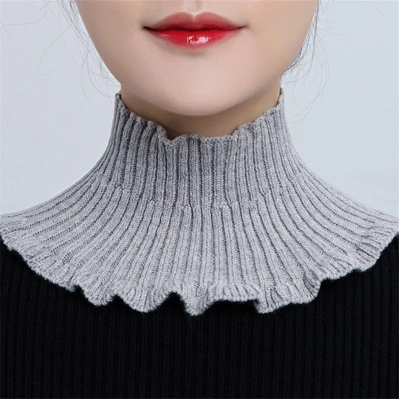 Cuello de tortuga de punto para mujer, cuello falso elástico de Color sólido, cubierta de cuello con volantes, bufanda envolvente desmontable a