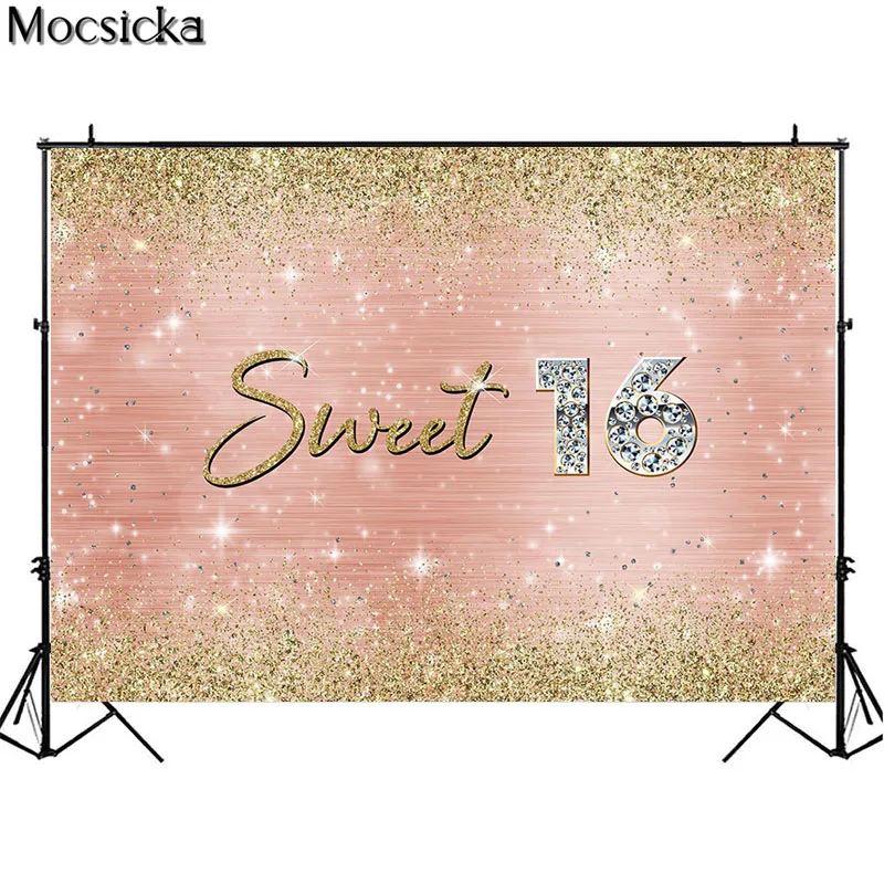 Mocsicka التصوير خلفية حلوة 16 فتاة الوردي تألق الماس حفلة عيد ميلاد خلفية التصوير الفوتوغرافي Photophone استوديو الصور