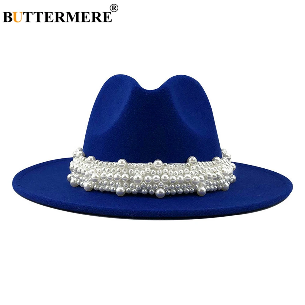 BUTTERMERE Jazz Fedora Hats Casual Women Pearl Felt Hat White Pink Yellow Blue Red Woolen Panama Trilby Formal Party Cap 58-61CM