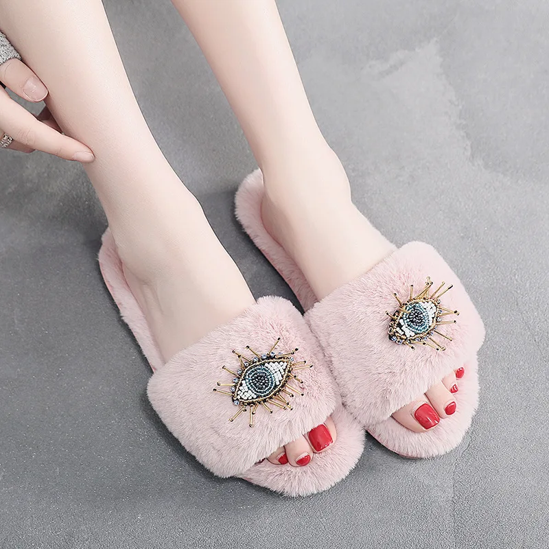 String Bead cute eye cotton slides fashion rabbit plush slippers women black flip flops indoor soft sole outside pantuflas danno