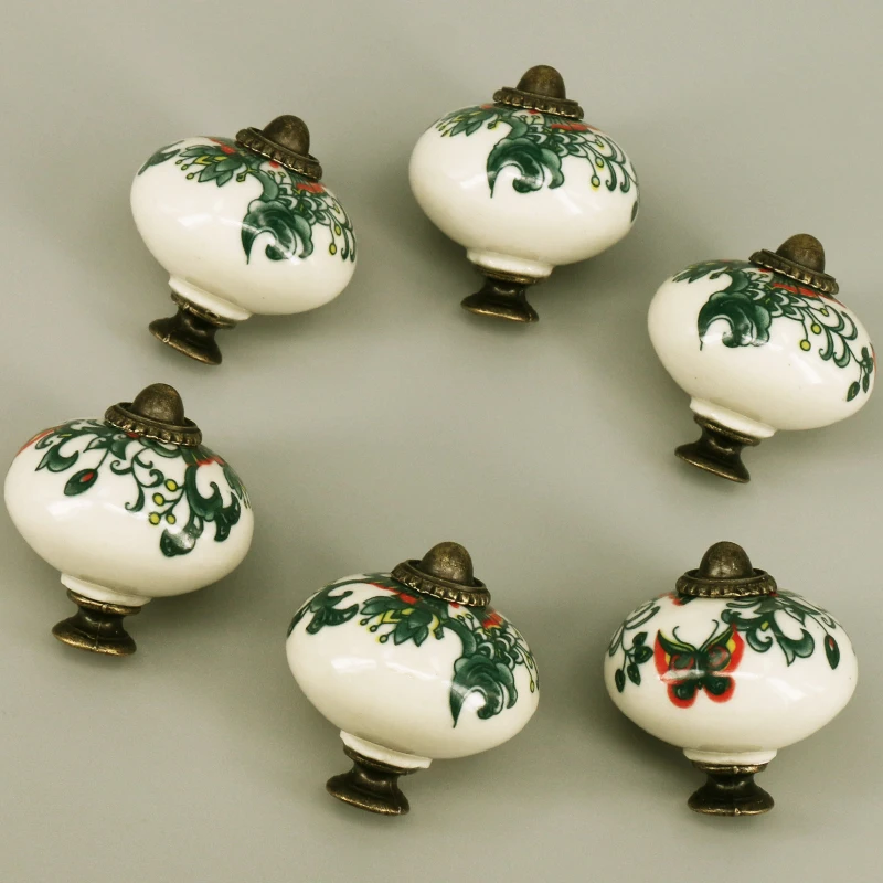 6PCS Vintage Ceramic Knob Butterfly Printed Kitchen Cabinet Cupboard Door Round Knobs Dressser Wardrobe and Drawer Pull