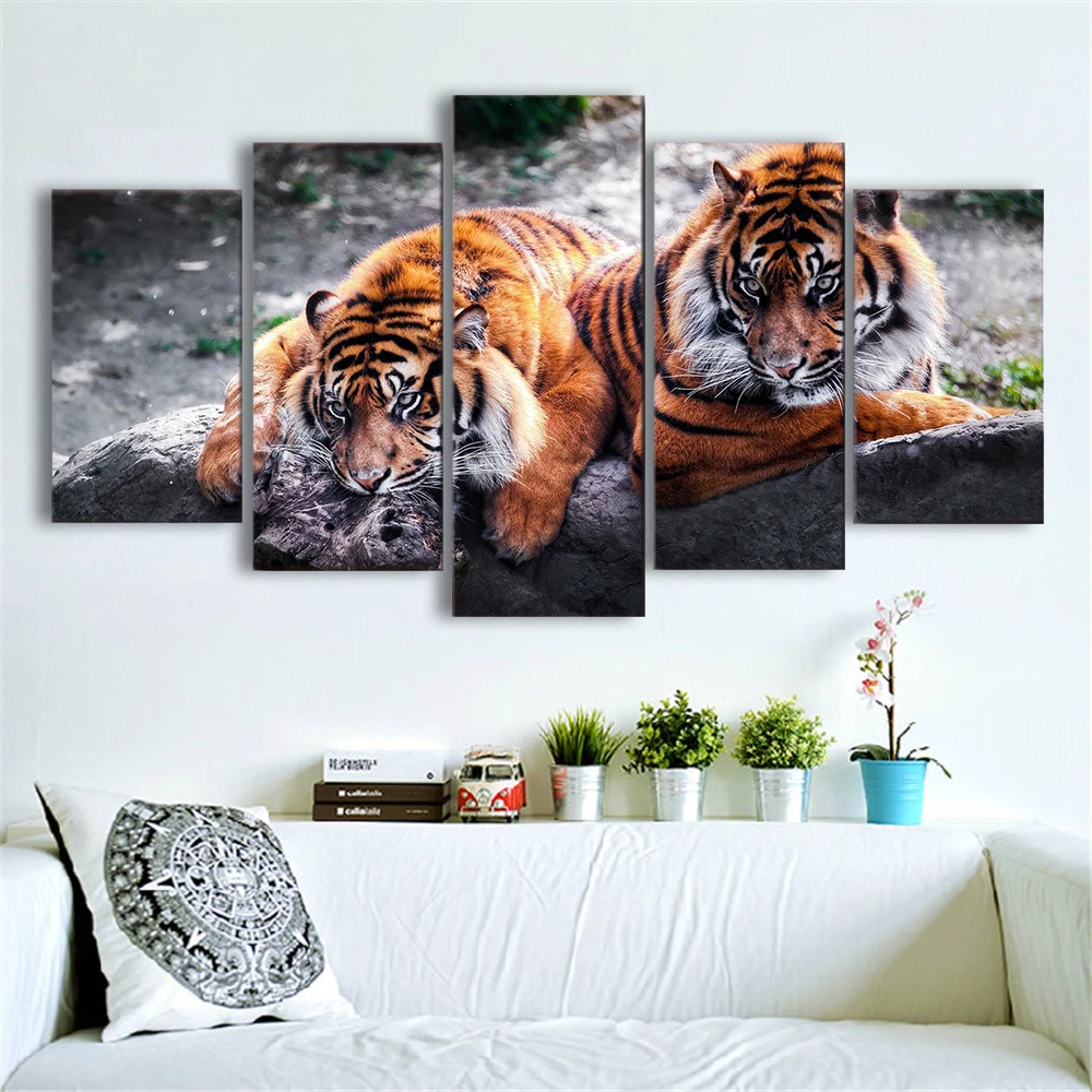 

Wall Art Canvas Posters 5 Panel Prints Animal Tiger Landscape Modular Pictures For Modern Living Room Decoration Paintings