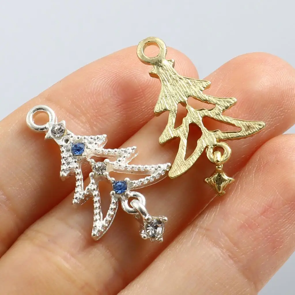 10pcs New Fashion Christmas Tree Charms Multicolor Rhinestone Pendants DIY Making Necklace Earrings Jewelry Findings 27mmx15mm