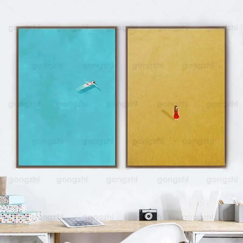 

Minimalist Blue Ocean Sea Swimming Desert Lonely Man Abstract Waterproof Ink Printed Wall Painting Frameless Canvas Home Poster