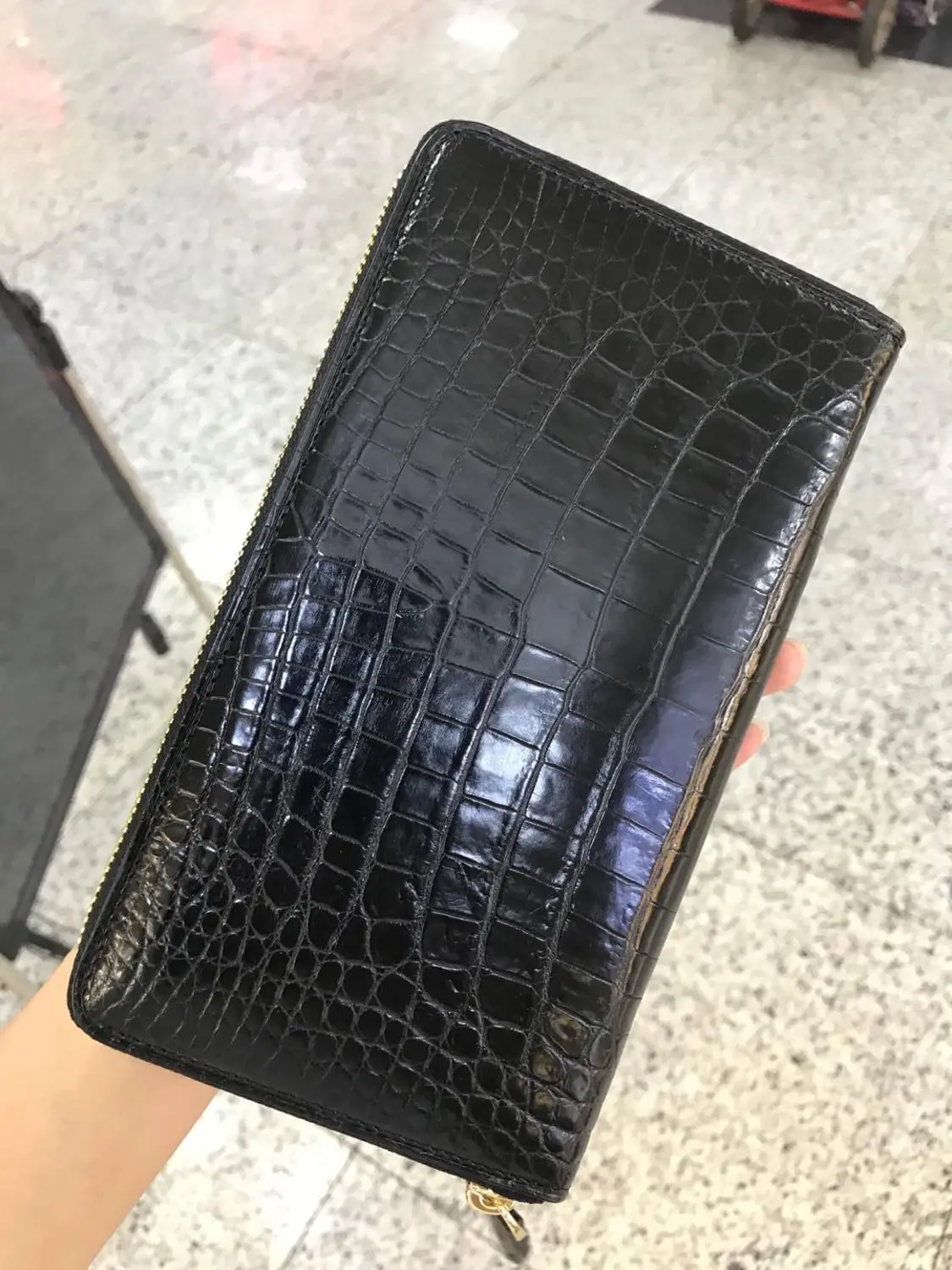 Genuine crocodile skin wallet purse gold zipper big long size bank credit card holder case with inner zip coin pocket matt skin