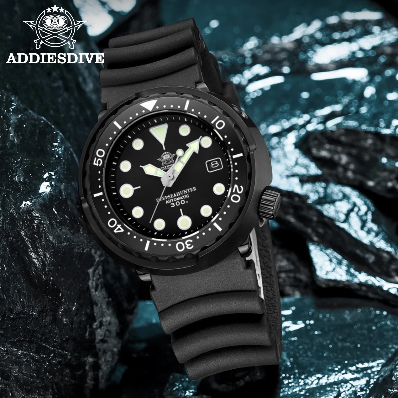 Addies Dive Men\'s Black tuna watch  Stainless Steel Japan NH35 Movement Diver Watch Waterproof BGW9 Luminous Automatic Watches