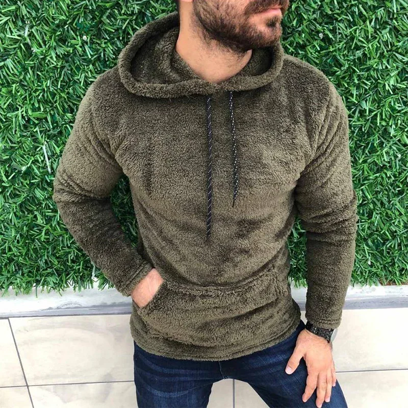 Men Hoodies Loose Double-sided Velvet Drawstring Hooded Long Sleeve Sweatshirts Jacket Men Fashion Solid Hoodie