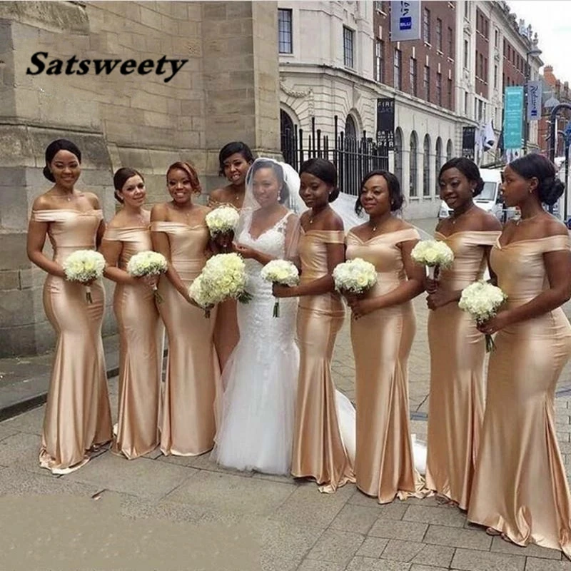 Gold Mermaid Bridesmaid Dresses Sexy Off-Shoulder Floor-length Vestido da dama de honra Formal Wedding Party Gowns