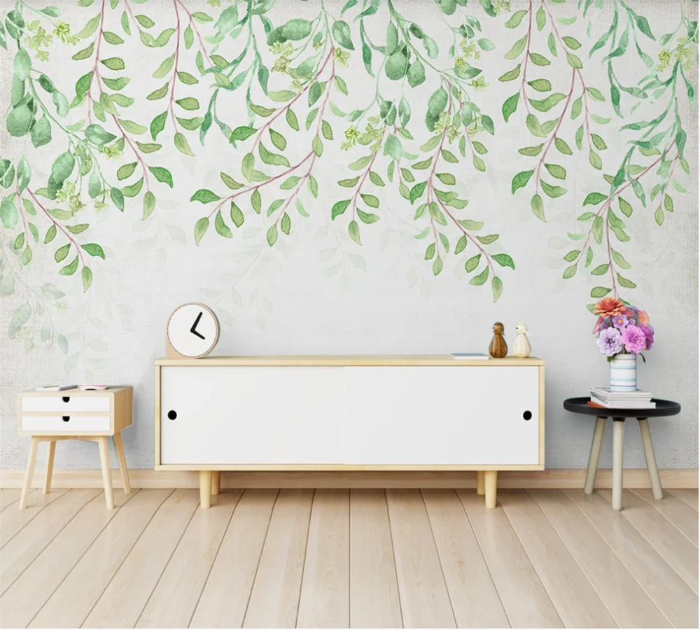 

XUE SU Custom wallpaper 3D/5D/8D wallpaper mural Nordic simple small fresh green leaves watercolor style background wall