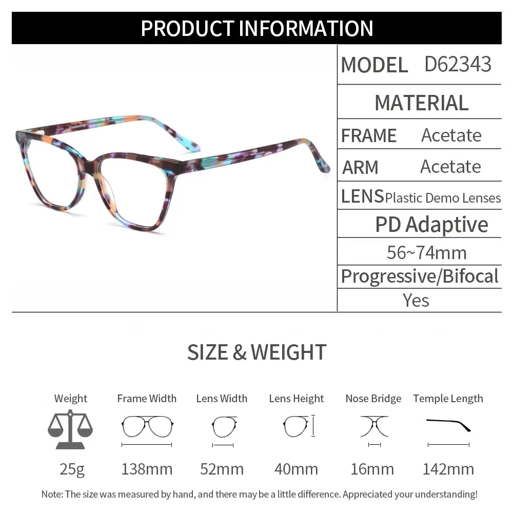 Fashion Acetate Cat Eye Style Women Glasses Frames With Spring Hinges Female Cute Myopia Prescription Spectacles Frame D62343