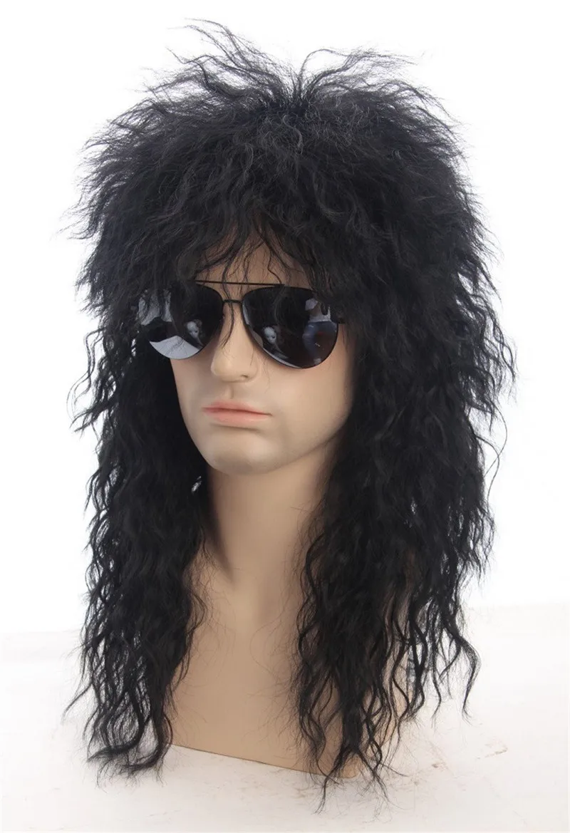 Men Cosplay Heavy Metal Wig Long Synthetic Hair Extension Wig Black Color Punk Puffy Headgear for Halloween Cosplay Props