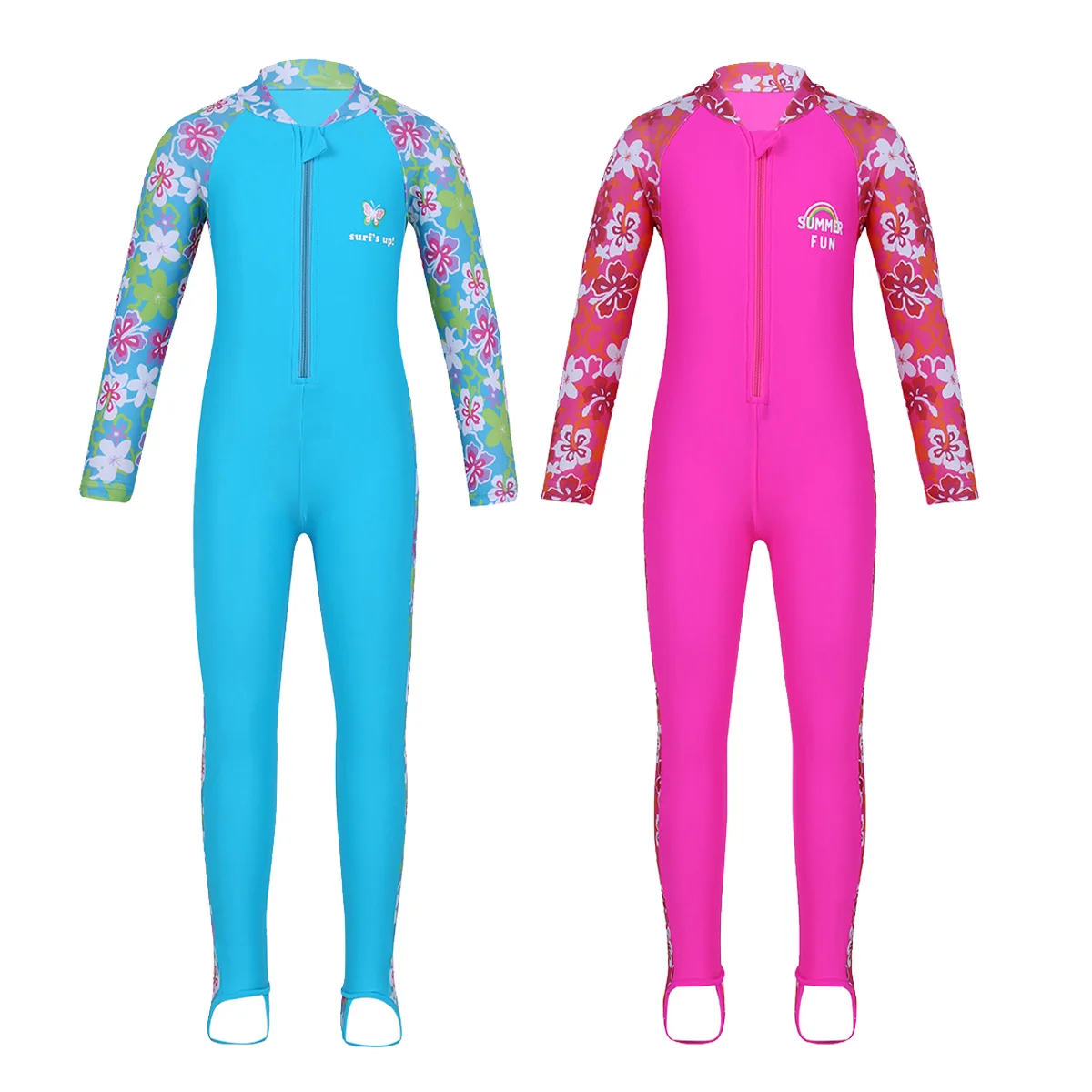 Kids Girls Swimwear Long Sleeves One-piece Flower Printed Zipper Up Rash Guard Jumpsuit Children Swimming Bathing Suit Beachwear