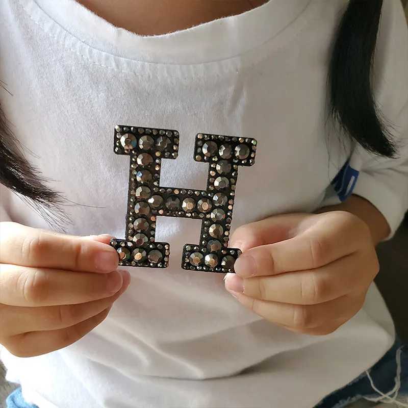 A-Z Black Grey Crystal Rhinestone Letter Patch for Clothes Iron on Clothing English Word Logo Brand Letter Applique Punk Stripes