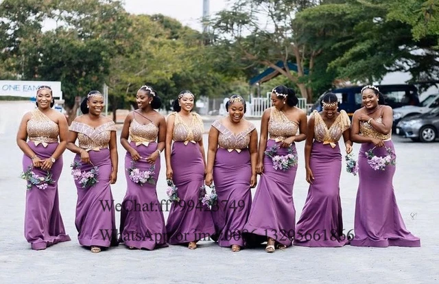 Purple and shops gold bridesmaid dresses