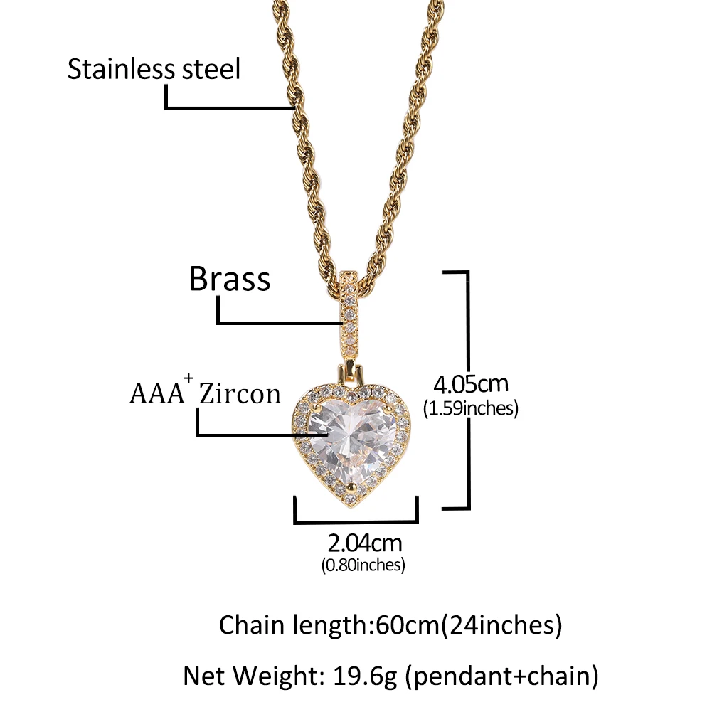 THE BLING KING Heart Crystal Pendent Necklaces Iced Out Pink Cubic Zirconia Charm Necklace For Women Fashion Hiphop Jewelry