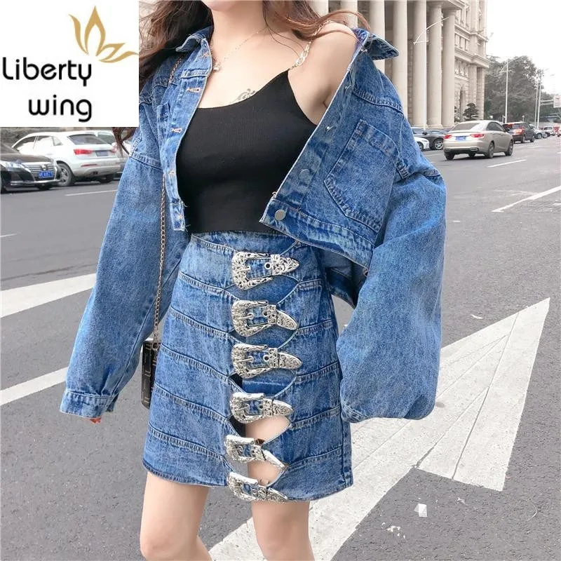 

European Woman Clothes Student Street Fashion Single Breasted Denim Coat Wrap Sets Two Piece Skirt Set Female Spring Suit