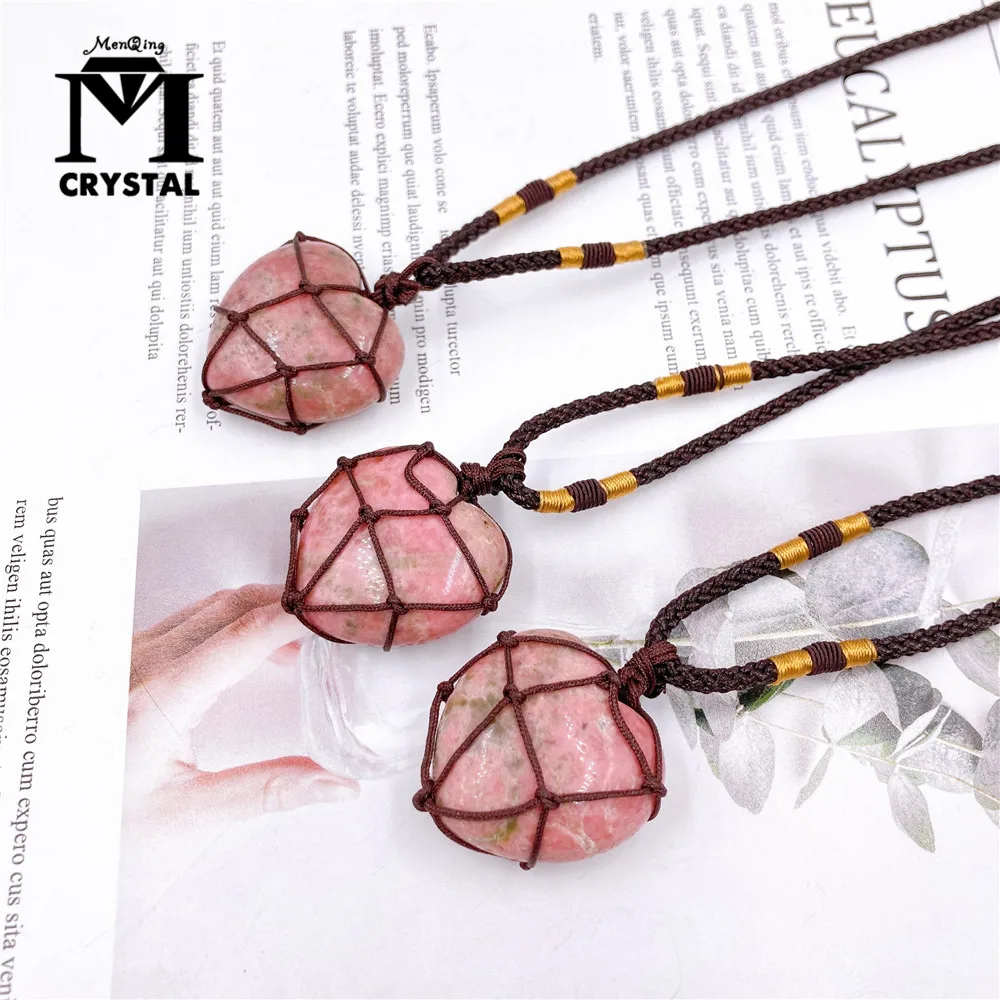 Natural Heart-shaped Rhodonite Crystal Pendant Healing Quartz Stone Gemstone Divination Spiritual Meditation Jewelry Necklace