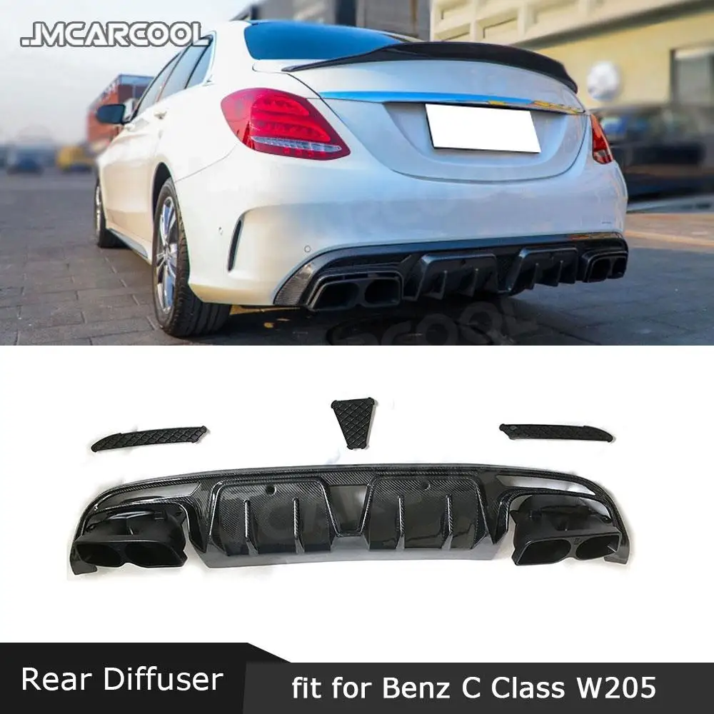 Carbon Fiber Rear bumper Diffuser Spoiler with Exhaust Tips for Mercedes Benz C Class W205 C63 AMG 2015-2019 Bumper Lip Spoiler