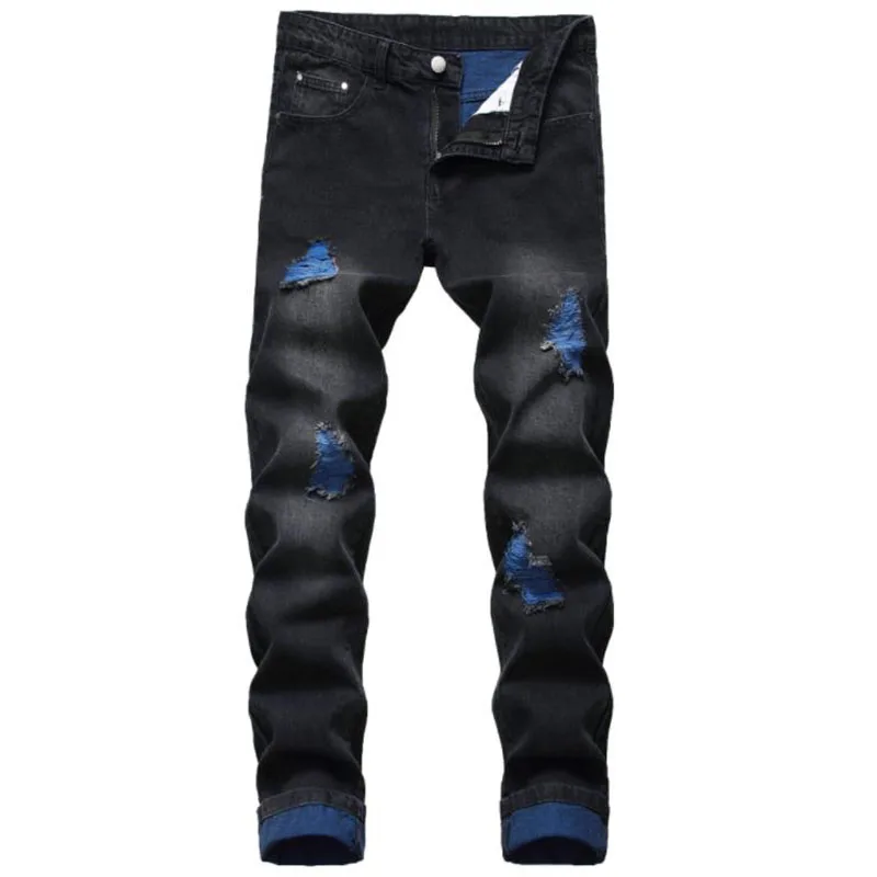 2021 Men\'s Ripped Jeans Autumn Designer Slim Fit Black Blue Denim Pants Male Jeans Distressed Destroyed Trousers