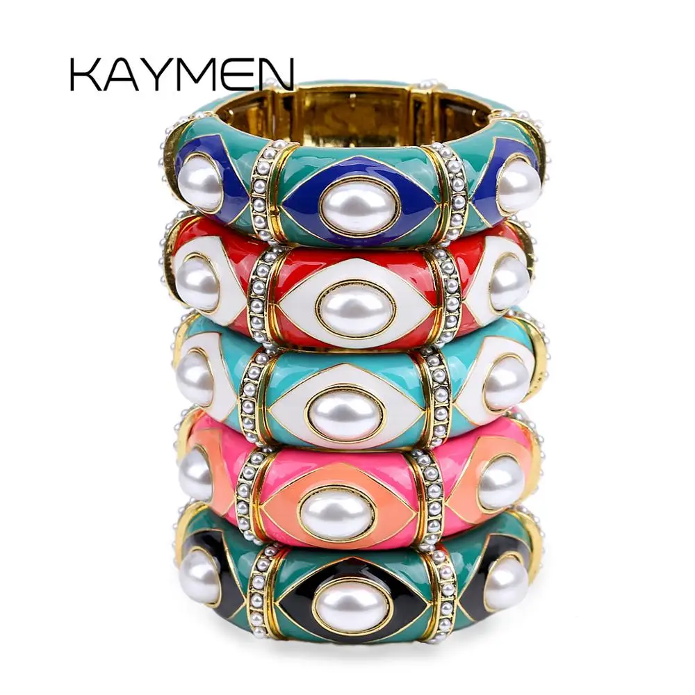 New Arrivals Bohemian Colorful Enamel Elastic Bracelet Statement Bangle for Girls Women Party Jewelry Fashion Pearl Bracelet