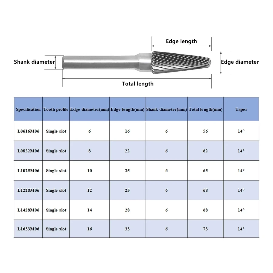 1PCS L-type Carbide Rotary File L LX1228M06 Conical Dome Tungsten Steels Milling Cutter Alloy Grinding Head Engraving Tools 6mm