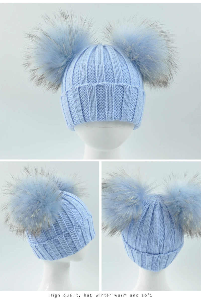 JX Watcher Winter Doppel Echtpelz Pom Pom Hut für Kinder Baby Strick mützen mit zwei Pelz Pompons Jungen Mädchen hochwertige Mütze Mütze – Detail 38