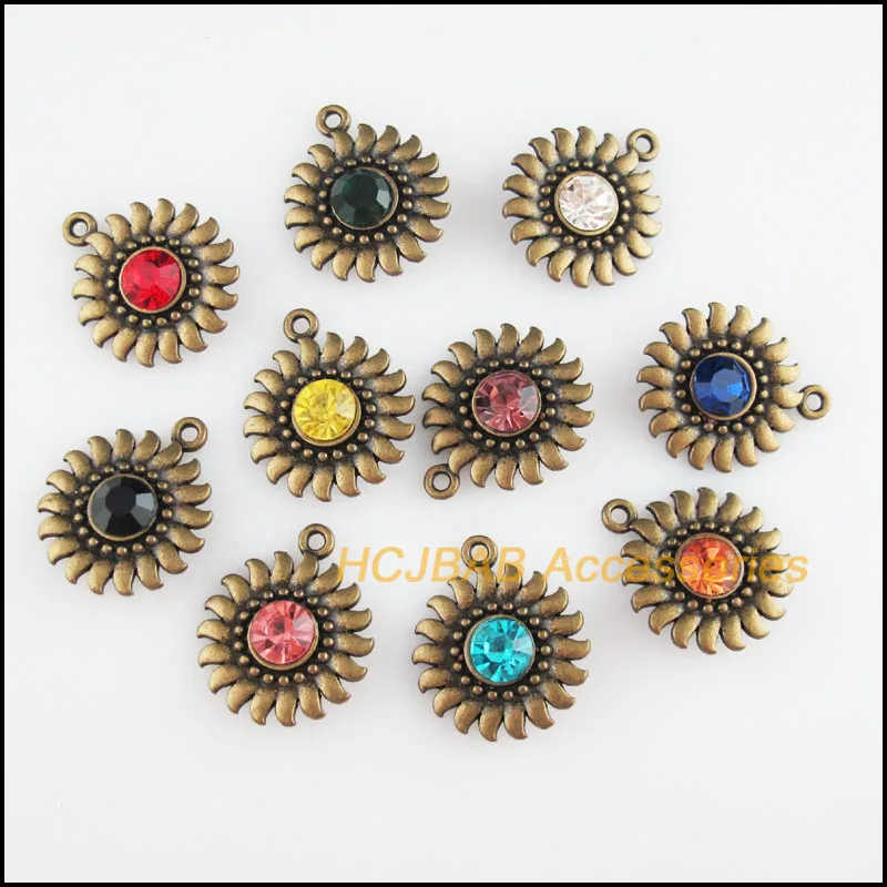 10Pcs Antiqued Bronze Plated Sun Flower Round Star Mixed Crystal Charms Pendants 20x24mm