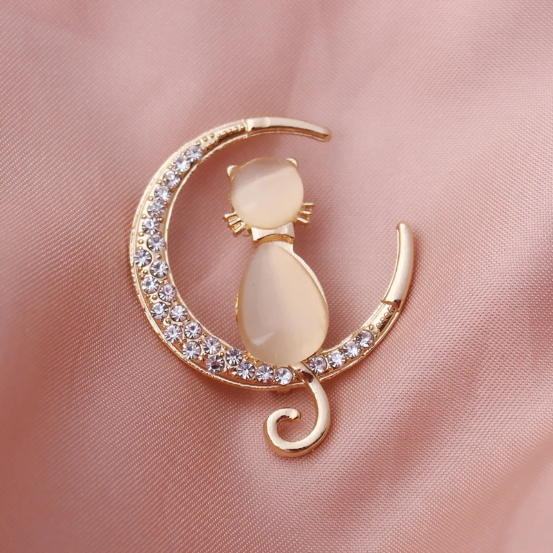 Opal Cat Brooches Pin for Women Suit Kitten Brooch Elegant Crystal Rhinestone Stone Animal Broche Clothing Buckle Girl Gift