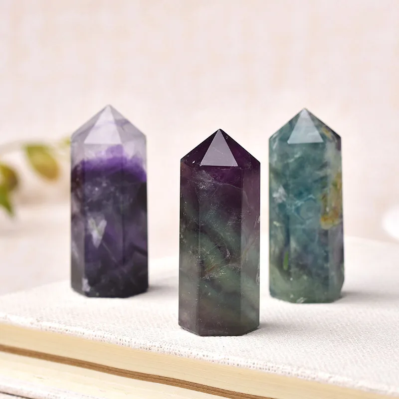 1PC Natural Fluorite Hexagonal Column Crystal Point Healing Wand Mineral Crystal Home Decoration Stone 45-55mm Handmade Ornament