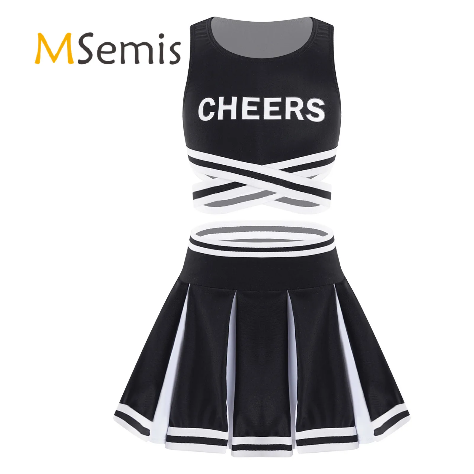 2Pcs Kids Girls Cheerleading Jazz Dance Performance Outfit Sleeveless Cheers Print Crisscross Sash Vest and Pleated Skirt Set