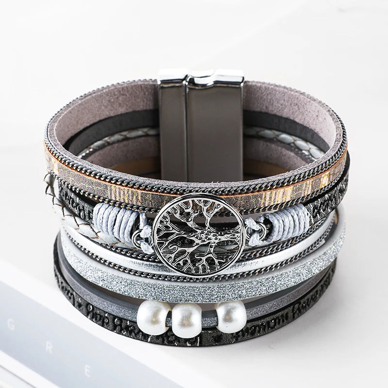 WYBU Leather Wrap Bracelet For Women Charm Pearl Magnet Buckle Bracelet Life of Tree Bohemian Bracelet for Women Manchette