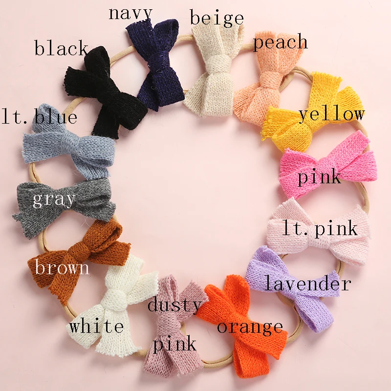 New Crochet Bows Nylon Baby Headband Girls Wool Knitted Hair Bow with Thin Nylon Headband for Girl Kids Hair Accessory 36pc/lot