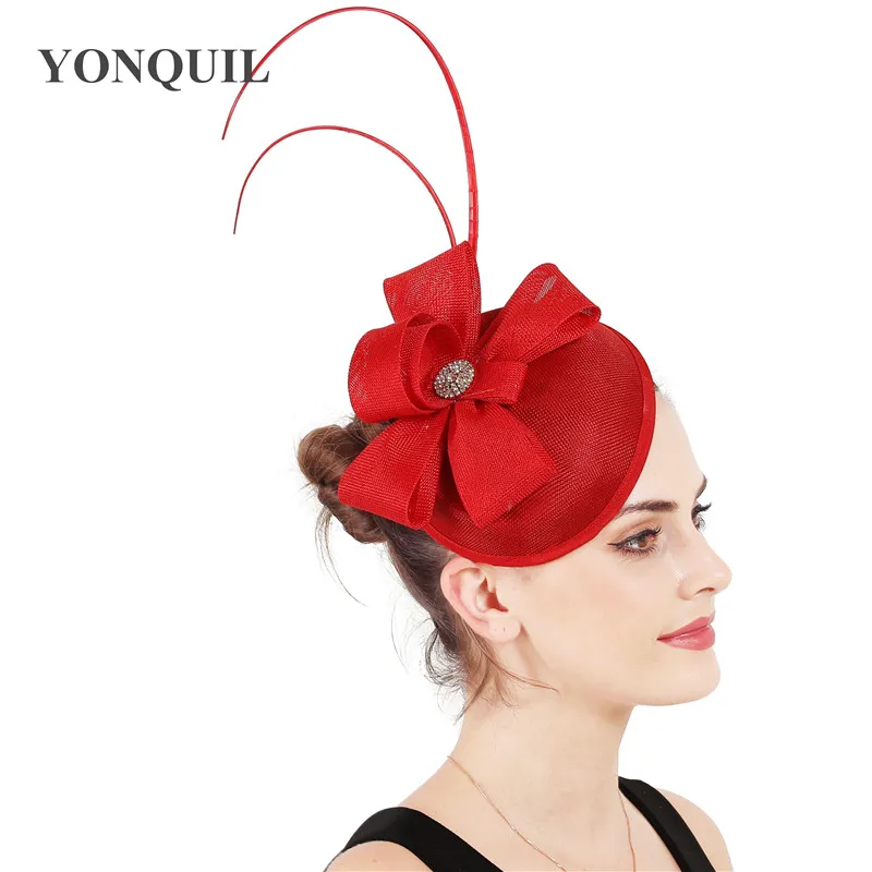 

Red Cocktail Fascinator Hat With Feather For Wedding High Quality Imitation Sinamay Base Derby Headpieces Race Headwear 15 Color