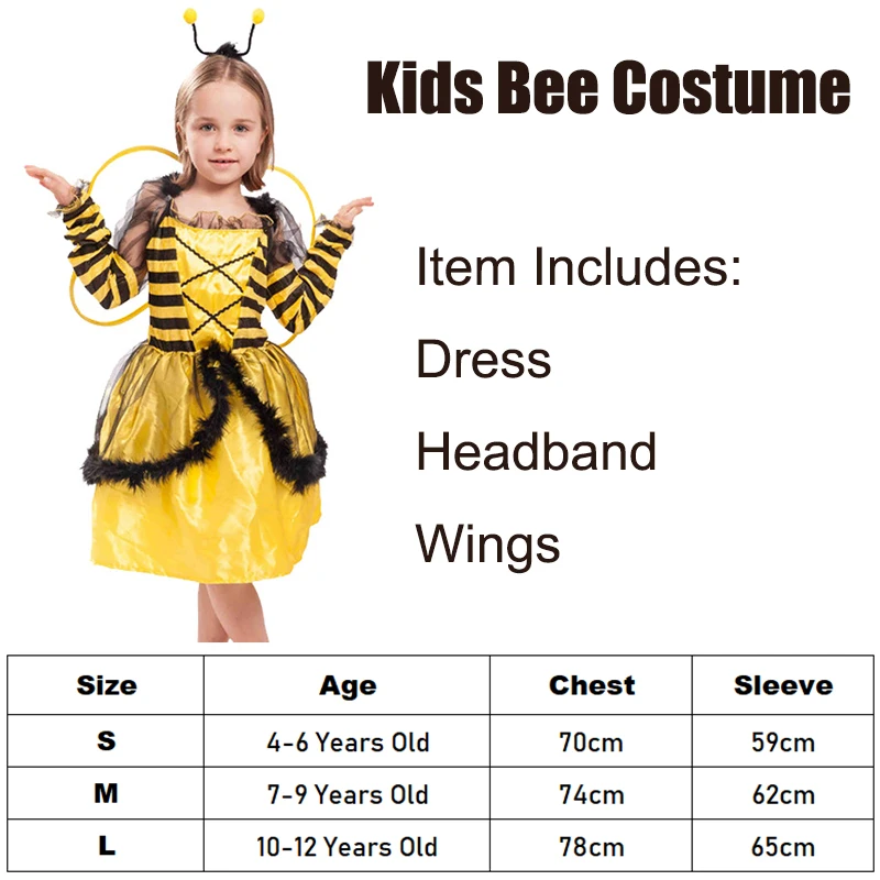 Girls Bee Costume Cute Honey Bumble Bee Costume Dress Headband Wing Full Set Purim Carnival Costume Kids 2022 New Arrival