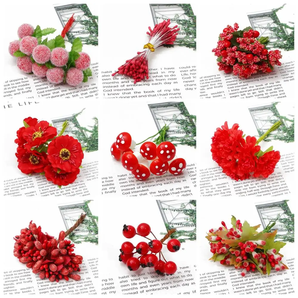 6/10/12/50/60/70/90/144/288pcs Yellow Flower Cherry Stamen Berries Bundle DIY Christmas Wedding Cake Gift Box Wreaths Decor