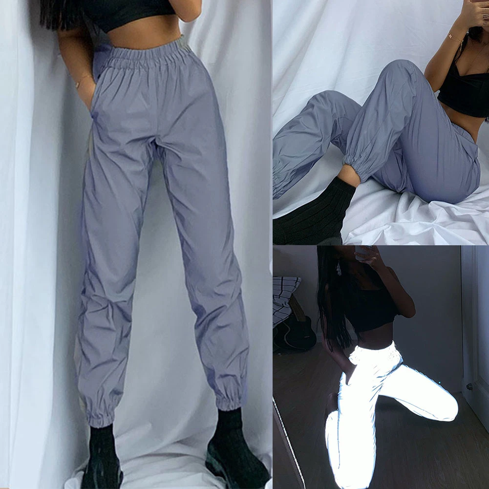 Women Sweatpant flash Reflective Pants Hight Waist Joggers Hip Hop Dance Show Party Night Jogger Baggy Trousers 3XL odblaskowe