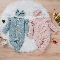 Newborn Baby Girls Romper Cotton Long Sleeve Floral Print Jumpsuit +Headband Sets Outfit Baby Fall Girl Clothing 6 9 12 18 Month