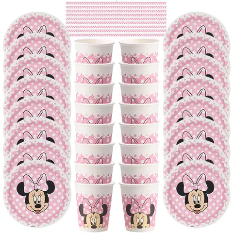 57pcs/Disney Pink Wave Minnie Mouse Theme Party Supplies Cups Plates Straw Kids Girls Baby Shower Birthday Party Decorations Set