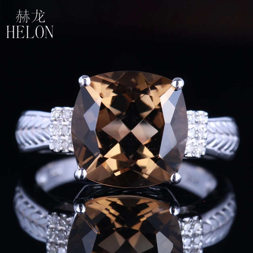 

HELON Solid 14K White Gold Flawless Cushion 10x10mm Smokey Quartz Topaz Diamonds Engagement Ring For Women Romantic Gift Jewelry