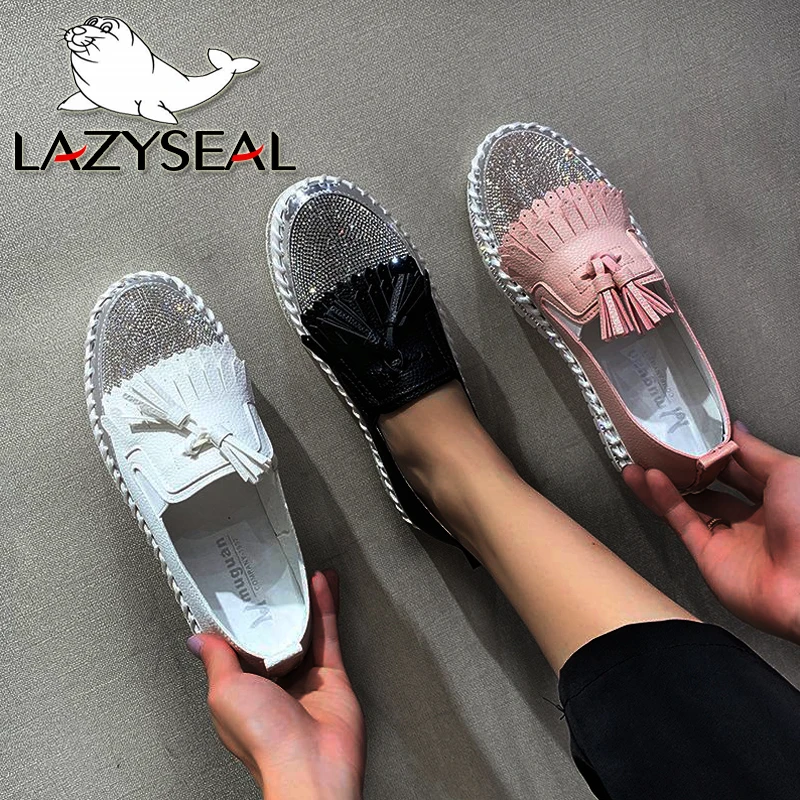 LazySeal 2021 mocassini con frange scarpe donna lusso cristallo Slip on Platform appartamenti Casual Plus Size 43 tacchi piatti Sneakers Mujer