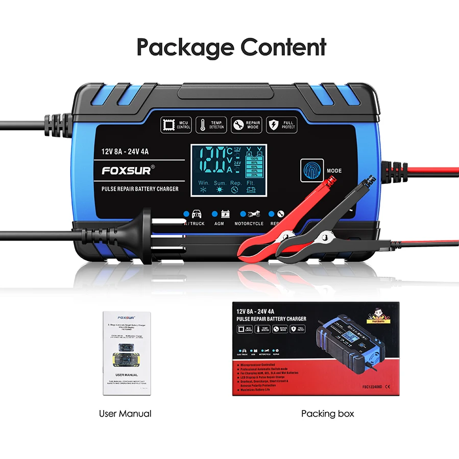 FOXSUR Truck Battery Charger Heavy Duty, 12V 8A 24V 4A Trickle Charger,Lead Acid AGM GEL WET Smart Battery Charger & Maintainer