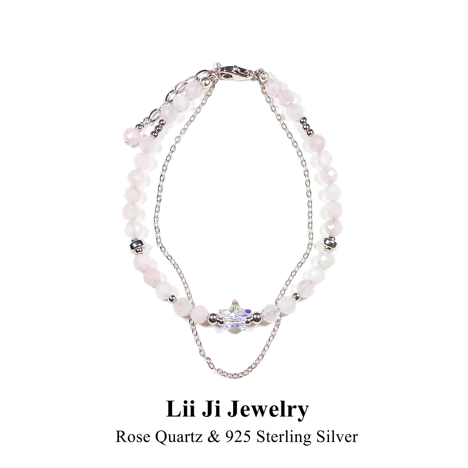 

Lii Ji 4mm Rose Quartz Facted Beads Austria Crystal 925 Sterling Silver Platinum Plated Adjustable Bracelet 17+3cm